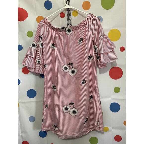 NWOT Ces Femme Size S Off The Shoulder Dress Pinstriped Floral - Picture 14 of 16